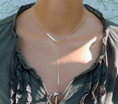 Bar Necklace Y Necklace Silver Lariat Gold Bar by CharmingMetals Lariat Necklace Gold, Necklace Long Gold, Long Gold Necklace, Necklace Bar, Gold Lariat Necklace, Y Necklace, Gold Long Necklace, Gold Bar Necklace, Choker Style