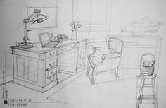 a drawing of a kitchen and living room with chairs, counter, cabinets, and desk