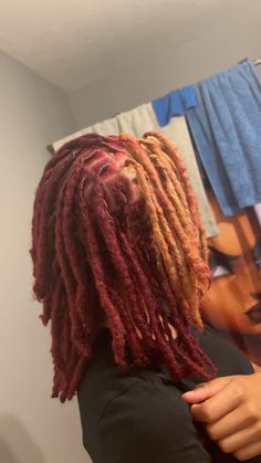 3 Tone Locs, Red And Blonde Hair Color Locs, Hair Color Wax On Locs, Colored Locs Ideas, Red And Ginger Locs, Copper And Burgundy Hair, Burgundy And Blonde Locs, Root Dyed Locs, Loc Hair Dye Ideas