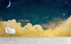 One For The Dreamers Wall Mural by Walls Need Loveﾮ Wall Mural Decals, Yellow Cloud, Cloud Wallpaper, Mural Ideas, Above The Clouds, Blue Clouds, Star Sky, Of Wallpaper, Sun Moon