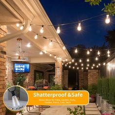 an outdoor patio with lights strung over it and the words, shadeproof & safe