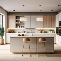 two stools are in front of the kitchen island