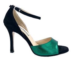 Penny - Black & Green-Alagalomi- Axis Tango - Best Tango Shoes Elegant Green Leather Heels, Classic Green Leather Heels, Elegant Green Suede Heels, Green Heels With Leather Sole For Party, Elegant Green Heels With Contrasting Heel Counter, Classic Green Heels For Formal Occasions, Elegant Green Heels With Removable Insole, Green Heels For Gala, Tango Shoes