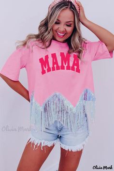 Olivia Mark - MAMA Letter Print Sequined Tassel Hem T-shirt in Pink Mama Tee, Mama Style, Pink Pattern, Long Sleeve Short Dress, Fashion Graphic, Pink Sequin, Sweatshirt Dress, Pink Print, Printed Tees