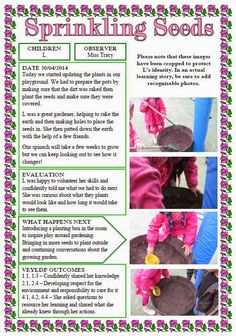 the instructions for sprinkling seeds are shown in pink and green text, along with pictures