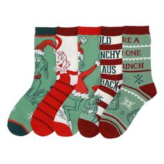 PRICES MAY VARY. CUSTOM DESIGN: Each pair in this 5-pack of socks features unique and festive Grinch designs that are sure to brighten your holiday attire. HIGH-QUALITY MATERIALS: Made from 98% polyester and 2% spandex, these Grinch socks are as soft as they are durable. PERFECT FIT: Designed with a sock size of 9-11 and a shoe size range of 5-10, these socks are designed to fit most adults. OFFICIAL GRINCH GEAR: These Grinch socks are officially licensed and 100% authentic, so you can be sure y Grinch Designs, Unique Socks, Holiday Attire, Women Crew Socks, Sock Packs, Holiday Wardrobe, The Grinch, Christmas Socks, Socks And Hosiery