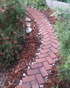 a brick path in the middle of a garden