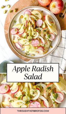 an apple radish salad is shown in two different bowls