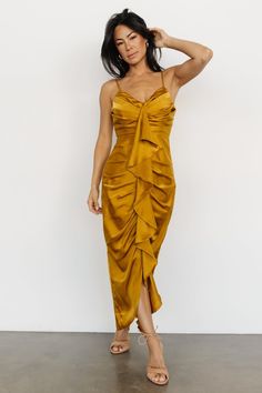 Thessaly Maxi Dress | Brushed Gold - Baltic Born Yellow Wedding Guest Dresses, Gold Ruffle Dress, Mustard Yellow Wedding, Mustard Yellow Dresses, Tulle Bridesmaid Dress, Guest Attire, Dress Makeup, Style And Grace, Cup Size