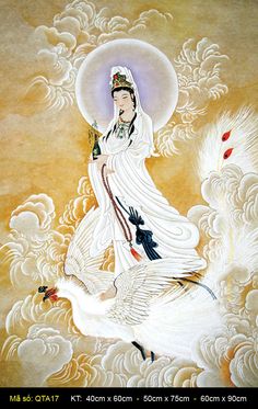 a painting of a woman riding on top of a white goose in front of clouds