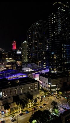 an aerial view of the city at night