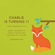 a birthday party card with a fox on a branch and the words charlie is turning 1