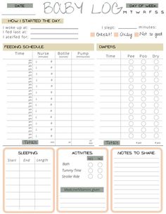 a printable baby log is shown with instructions for how to do it and what to do