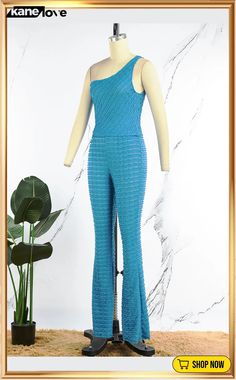 Peacock Blue Casual Solid Backless One Shoulder Sleeveless Two Pieces Peacock Blue, Two Pieces, One Shoulder, Blue