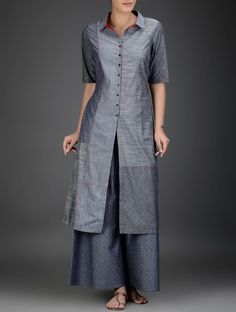 Grey Button-Down Kantha-Embroidered Cotton Chambray Kurta