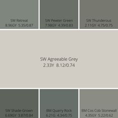 several shades of gray paint with the names and colors listed in each color palettes