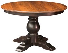 a round wooden table with metal legs