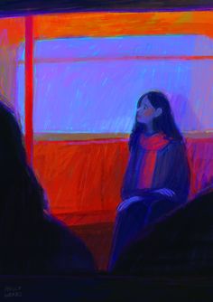 a drawing of a woman sitting on a train looking out the window at another person