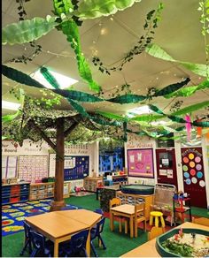 a classroom with lots of tables, chairs and hanging plants on the ceiling above them