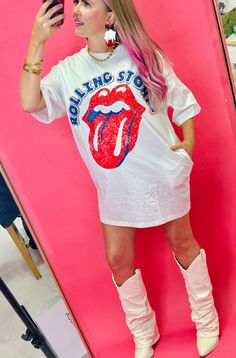 Rolling Stones Washed Graphic Print Dress- 'Rolling Stones' front graphic print- Short sleeves- Round neck Very oversized fit. Ashley is normally a medium in tees and 9/10/11 in jeans and is wearing a small here! Casual Cotton T-shirt Dress With Letter Print, White Cotton T-shirt Dress With Graphic Print, White Graphic Print T-shirt Dress With Crew Neck, White Crew Neck T-shirt Dress With Graphic Print, Oversized Cotton T-shirt Dress With Graphic Print, Summer Graphic Print Relaxed Fit T-shirt Dress, Summer Graphic Print Relaxed T-shirt Dress, Cotton T-shirt Dress With Graphic Print, Relaxed Fit, Graphic Tee T-shirt Dress With Crew Neck