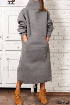 OliviaMark - Vielseitiges kohlegraues Rollkragenkleid mit Tasche und langen Ärmeln Long Sleeve Turtleneck Dress, Casual Turtleneck, Pocket Sweater, Grey Turtleneck, Long Sleeve Dresses, Turtleneck Long Sleeve, Long Sleeve Casual Dress, Plus Size Kleidung, Loose Outfit