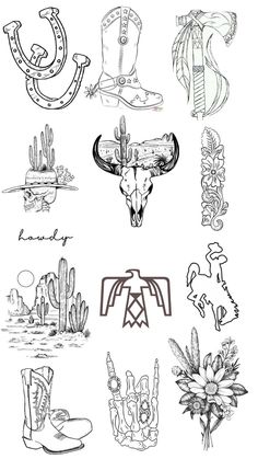 some drawings of cowboy boots and other things in black and white on a white background