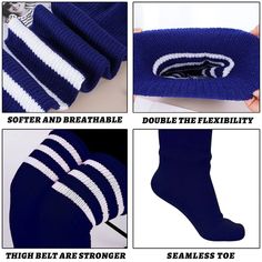 Plus Size Thigh High Socks Striped- Navy & White Breathable Comfortable Winter Socks, Comfortable Breathable Winter Socks, Casual Blue Hosiery For Winter, Casual Blue Winter Hosiery, Blue Knee-high Leg Warmers For Winter, Sporty Knee-high Socks For Winter, Sporty Knee-high Winter Socks, Blue Knee-high Winter Socks, Sporty Knee-high Socks For Winter Sports