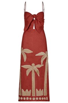 JOHANNA ORTIZ-Calm Wind Midi Dress- Brown Midi Length Vacation Dresses, Linen Midi Dress, Johanna Ortiz, Palm Tree Print, Embroidered Linen, Summer 24, Table Tops, Fashion Chic, New Arrival Dress