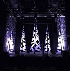 three flags are lit up in the dark on stage with lights shining down from them