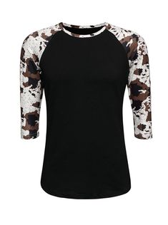 Black Body with Cow Print Sleeves 95% Cotton 5% Spandex Adult Sizes: S-3XL  3/4 Sleeve WITHOUT Ruffle  Two tone shirt with contrast sleeves  Machine wash warm, tumble dry low No two products will be exactly the same These are women's cut so they run about 1/2 size small. All Sales Are Final. Please use size chart.  Shirts fit true to size but are a more fitted feel so size up for a roomy fit. Two Tone Shirt, Brown Cow Print, Houston Rodeo, Team Bride Shirts, Rodeo Cowgirl, Brown Cow, Cow Shirt, Bridal Party Shirts, Raglan Shirt