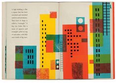 an open book with different colored buildings on the cover and inside pages that are black, red, green, blue, yellow