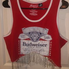 Worn Once, Perfect Condition Budweiser Shirt, Fringe Crop Top, Tank Crop Top, Rhinestone Fringe, Red Tank, Cropped Tube Top, Fringe Trim, Cropped Tank Top, V Shape