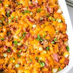 a casserole dish with meat, cheese and green onions