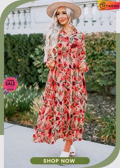 Red Frilled Collar Long Sleeve Tiered Maxi Floral Dress Casual Red Floral Print Maxi Dress, Red Non-stretch Maxi Dress For Fall, Flowy Red Maxi Dress For Fall, Red Floral Print Non-stretch Dress, Red Non-stretch Maxi Dress For Spring, Long Sleeve Red Dress For Spring, Long Sleeve Red Dresses For Spring, Red Maxi Dress For Fall Vacation, Red Floral Print Maxi Dress For Spring