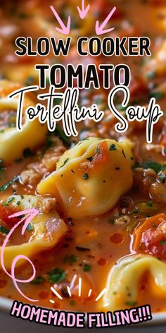 a bowl filled with tortellini soup on top of a table