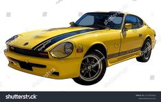 a yellow sports car with black stripes on the hood and front end, side view