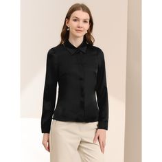 The long-sleeve fit of this shirt flatters most body types and provides enough coverage for a modest yet stylish look. The button-up front of this shirt makes it easy to wear and provides a timeless and classic look that never goes out of style. This shirt can be paired with dress pants or skirts for a formal workwear look, or dressed down with jeans or shorts for a more casual yet polished outfit. Sleek Long Sleeve Shirt For Fall, Long Sleeve Flannel Shirt With Button Closure, Black Long Sleeve Top With Hidden Button Closure, Black Long Sleeve Tops With Hidden Button Closure, Solid Color Slim Fit Button-up Top, Sleek Long Sleeve Tops With Hidden Button Closure, Sleek Long Sleeve Top With Hidden Buttons, Sleek Long Sleeve Top With Hidden Button Closure, Sleek Blouse With Button Closure