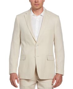 Complete your look with this Cubavera linen suit jacket for men. This smart jacket is made from breathable linen for a lightweight layer that’s perfect in the warmer weather. Flap pockets offer on-the-go storage space, and a two-button closure allows for easy on and off. This men’s jacket features a clean and contemporary single-breasted silhouette with a notched collar for a fashionable finishing touch. Pair it with the matching 100% Linen Solid Flat Front Pant in Oatmeal. 100% Linen Classic Fi Beige Linen Suit With Welt Pockets, Beige Linen Suits With Welt Pockets, Beige Linen Blazer With Welt Pockets, Classic Beige Linen Suits, Cream Linen Suit For Spring, Cream Linen Suits For Spring, Beige Linen Blazer For Business Occasions, Fitted Linen Blazer In Neutral Color, Cream Linen Single-breasted Suit