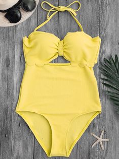 High Leg Cut Out Scalloped Swimwear - Yellow - 3L22021515 - Original Design-Women's Clothing  #OriginalDesignWomensClothing #Original #DesignWomen's #Clothing Halter Pattern, Plus Size Cosplay, Short Lace Dress, Printed Long Dresses, Cardigan Shirt, Black Swimwear, Dress For Short Women, Swimwear Collection, Up Girl