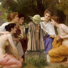 the painting depicts four young women and one man with an infant yoda in front of them