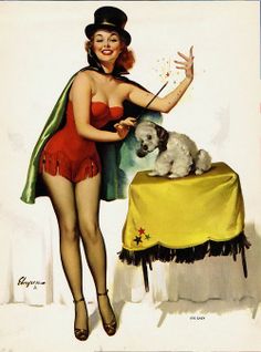 a pin - up girl with a dog on a table