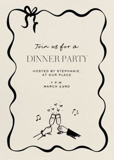 a dinner party card with wine glasses and music notes on it, in black ink