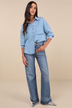 Get ready to fall in love with the Lulus Coveted Option Blue Chambray Long Sleeve Button-Up Top! Lightweight woven chambray shapes this essential top that has long sleeves with button cuffs and a collared neckline. A functional button placket accents the front, alongside a single patch pocket. Slightly rounded, hip-length hems complete the look. Fit: This garment fits true to size. Length: Size medium measures 26.5" from shoulder to hem. Bust: Great for any cup size. Waist: Not Fitted - comforta Denim Blue Button-up Workwear Blouse, Chic Button-up Denim Top For Fall, Medium Wash Denim Top With Buttoned Pockets, Classic Long Sleeve Denim Top With Buttons, Denim Blouse With Button Closure And Relaxed Fit, Chic Fall Button-up Denim Top, Blue Button-up Denim Top With Button Cuffs, Light Indigo Denim Button-up Top, Blue Denim Button-up Top With Button Cuffs