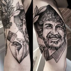 two pictures of the same person with tattoos on their arms