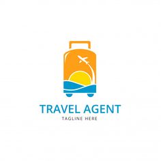 an orange and blue suitcase with the words travel agent on it's bottom corner