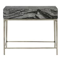 the side table is made out of wood and metal with a black marble finish on top