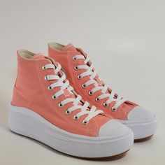 Converse Chuck Taylor All Star Move Hi High Top Seasonal Color Lawn Flamingo Peach Pink Orange / White / White Women's Lift Platform Sneakers / Boots A03544c Nwt Brand: Converse Model: Chuck Taylor All Star Move Hi Style Code: A03544c Color: Lawn Flamingo / White / White Gender: Women's Size Guide: Us Women's 5 / Uk 3 / Eur 35 / Cm 22 Us Women's 5.5 / Uk 3.5 / Eur 36 / Cm 22.5 Us Women's 6 / Uk 4 / Eur 36.5 / Cm 23 Us Women's 7 / Uk 5 / Eur 37.5 / Cm 24 Us Women's 8 / Uk 6 / Eur 39 / Cm 24.5 Us Spring High-top Wedge Sneakers With Laces, Casual Wedge Sneakers For Summer Streetwear, Casual Summer Wedge Sneakers For Streetwear, Casual Summer Streetwear Wedge Sneakers, Casual Converse High-top Sneakers With Branded Insole, Casual Mid-top Canvas Shoes With Laces, Casual Ankle-high Canvas Shoes With White Sole, Casual Wedge Sneakers With Rubber Sole, Casual Wedge Sneakers With Laces