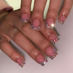 Short Acrylic Nails Designs Engagement, Short Acrylic Nails With Rhinestones Simple, Blinged Out Nails Rhinestones Short, All Bling Nails, Baddie Bling Nails Short, French Tip Toes With Rhinestones, Short Rhinestone Nails, Short Glam Nails, Rhinestone French Tip Nails