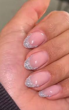 Basic Nails For Homecoming, White French Top With Glitter, Cute Nails For Hoco Short, Homecoming Nails Sparkle, French Tip Sliver Nails, Eras Tour Nail Ideas Debut, Silver Sparkle French Tip Nails Almond, Bachelorette Nails Sparkle, Nails To Go With Sparkly Pink Dress