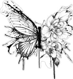 a black and white drawing of a butterfly with flowers on it's back wing